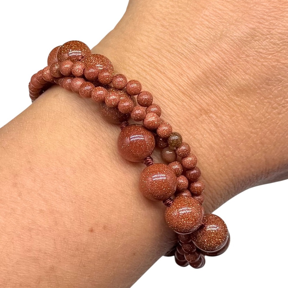 Goldstone Beaded Bracelet Clear Rhinestone Magnetic Clasp Multi Strand
